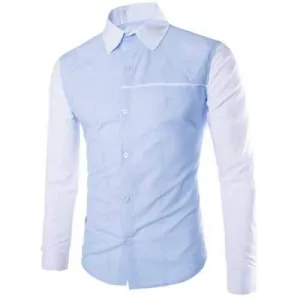 Modish Slimming Shirt Collar Two Color Splicing Sutures Design Long Sleeve Polyester Shirt For Men - Light Blue M