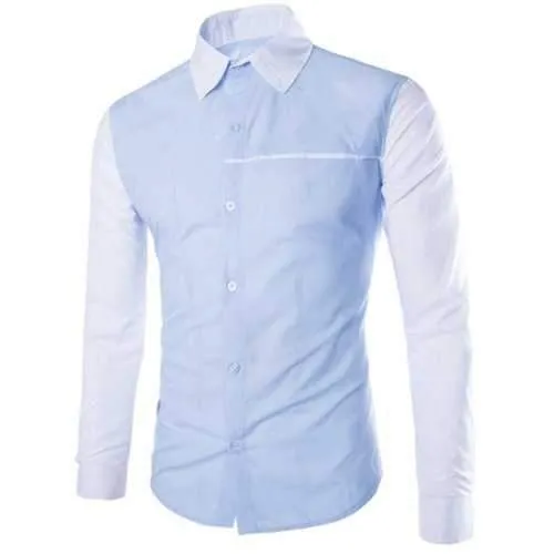 Modish Slimming Shirt Collar Two Color Splicing Sutures Design Long Sleeve Polyester Shirt For Men - Light Blue M