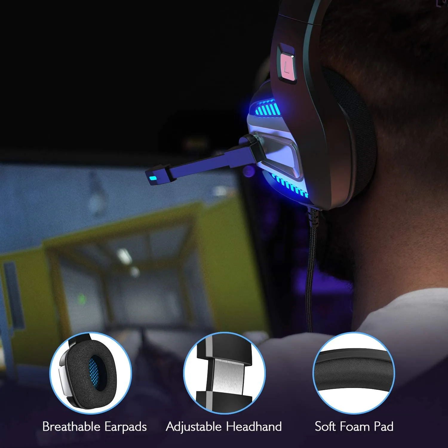 New in slightly damaged box! GM300 Professional gaming headset with 7.1 Surround Sound Stereo, Noise Canceling Over Ear Headphones with Mic, LED Light, Soft Memory Earmuffs