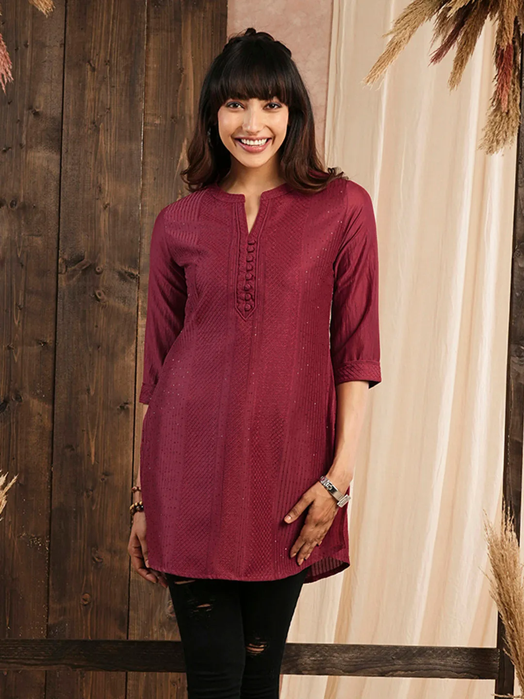 Red Ethnic Wear Chanderi Silk Straight Tunics for Ladies - Zola