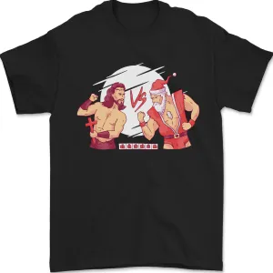Santa v Jesus Video Game Style Christmas Xmas Mens T-Shirt 100% Cotton