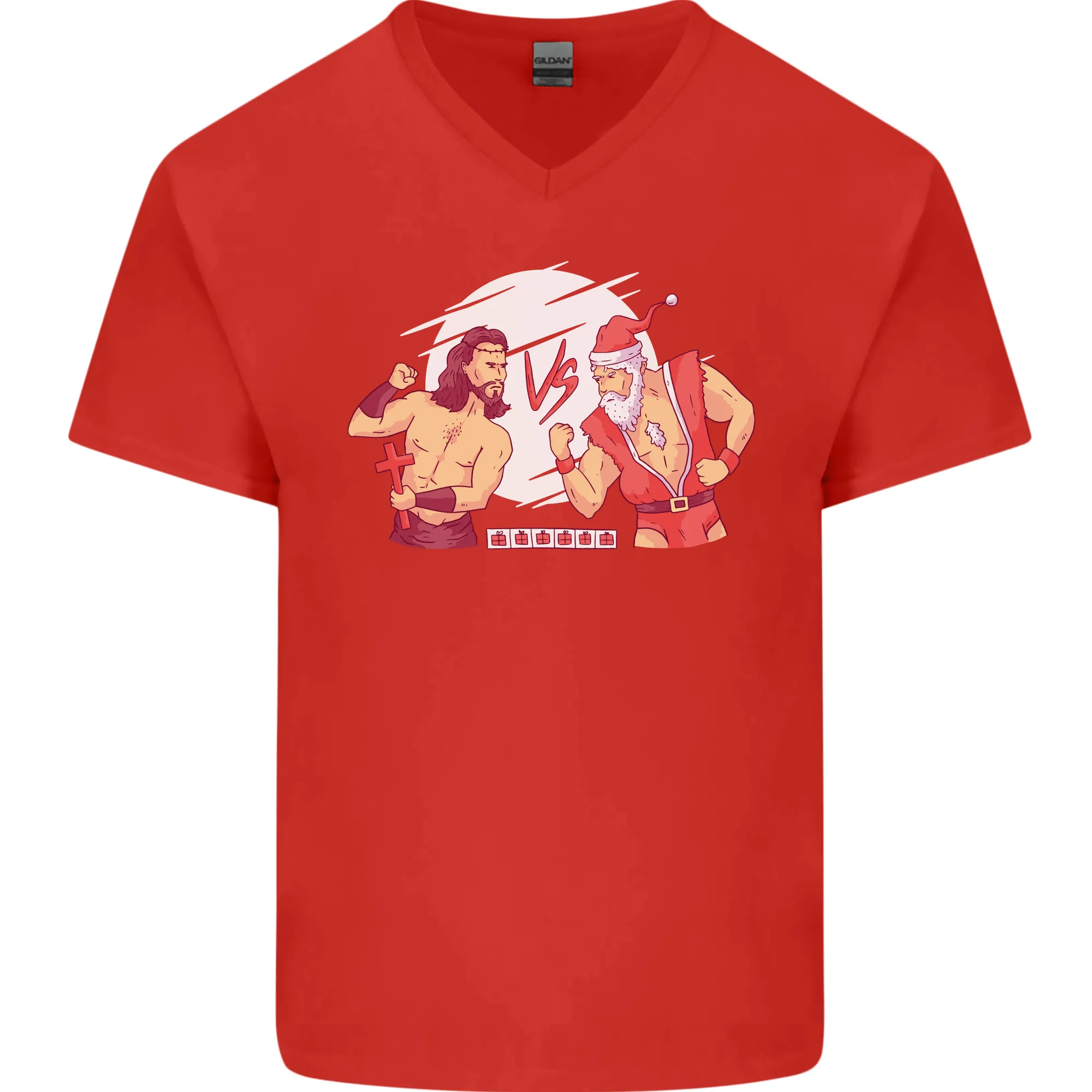 Santa v Jesus Video Game Style Christmas Xmas Mens V-Neck Cotton T-Shirt
