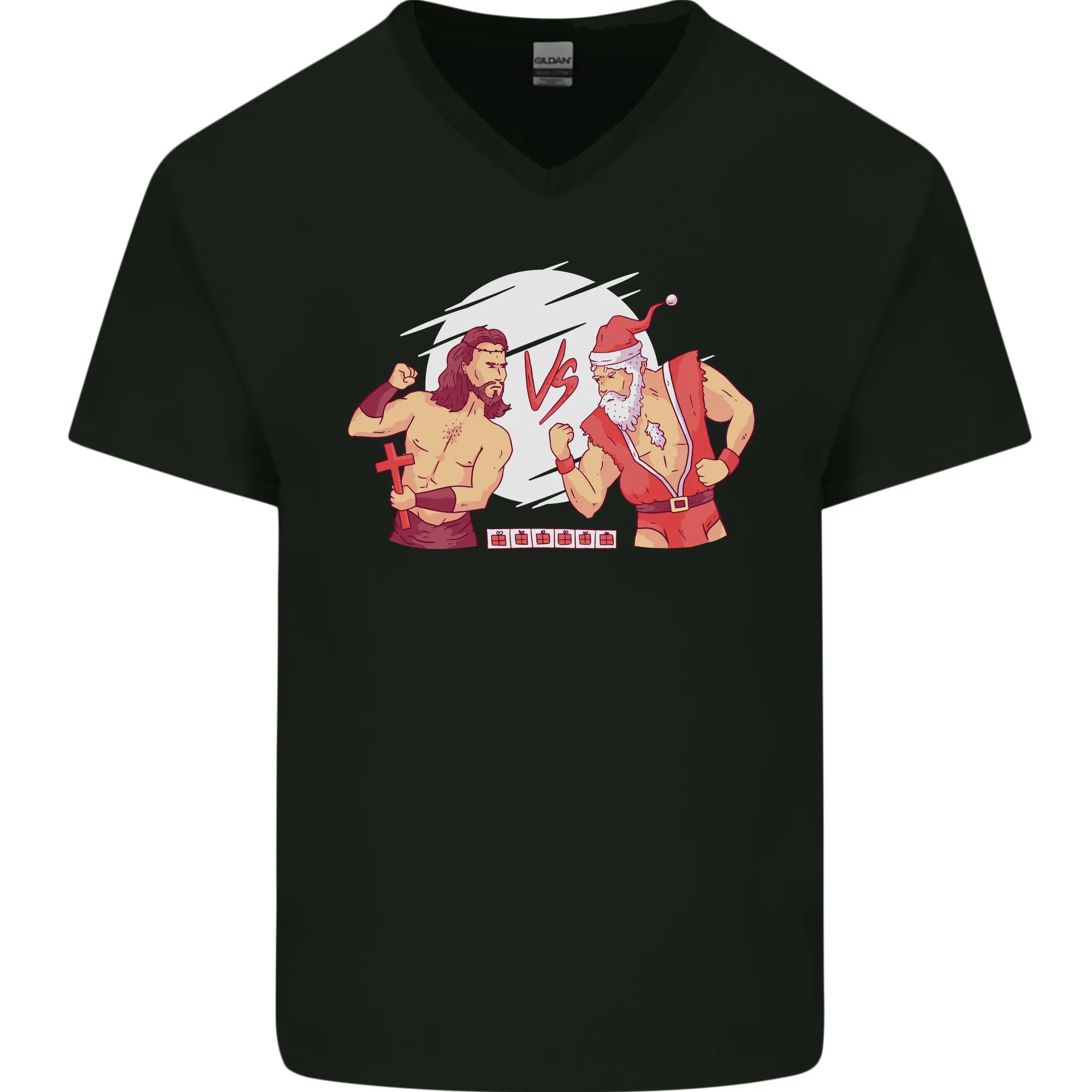 Santa v Jesus Video Game Style Christmas Xmas Mens V-Neck Cotton T-Shirt