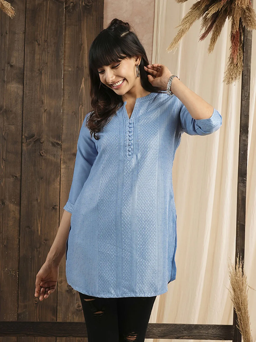 Sky Blue Ethnic Wear Chanderi Silk Straight Tunics for Ladies - Zola