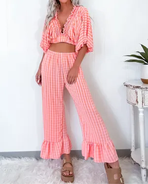 Summertime Checkered Ruffle Pant Set - Pink/Orange