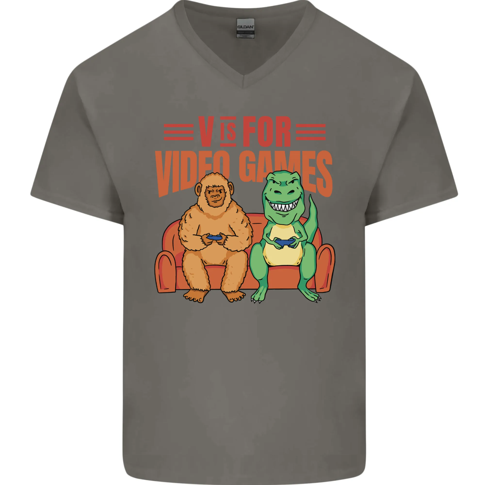 Video Games T-Rex Funny Bigfoot Dinosaur Mens V-Neck Cotton T-Shirt