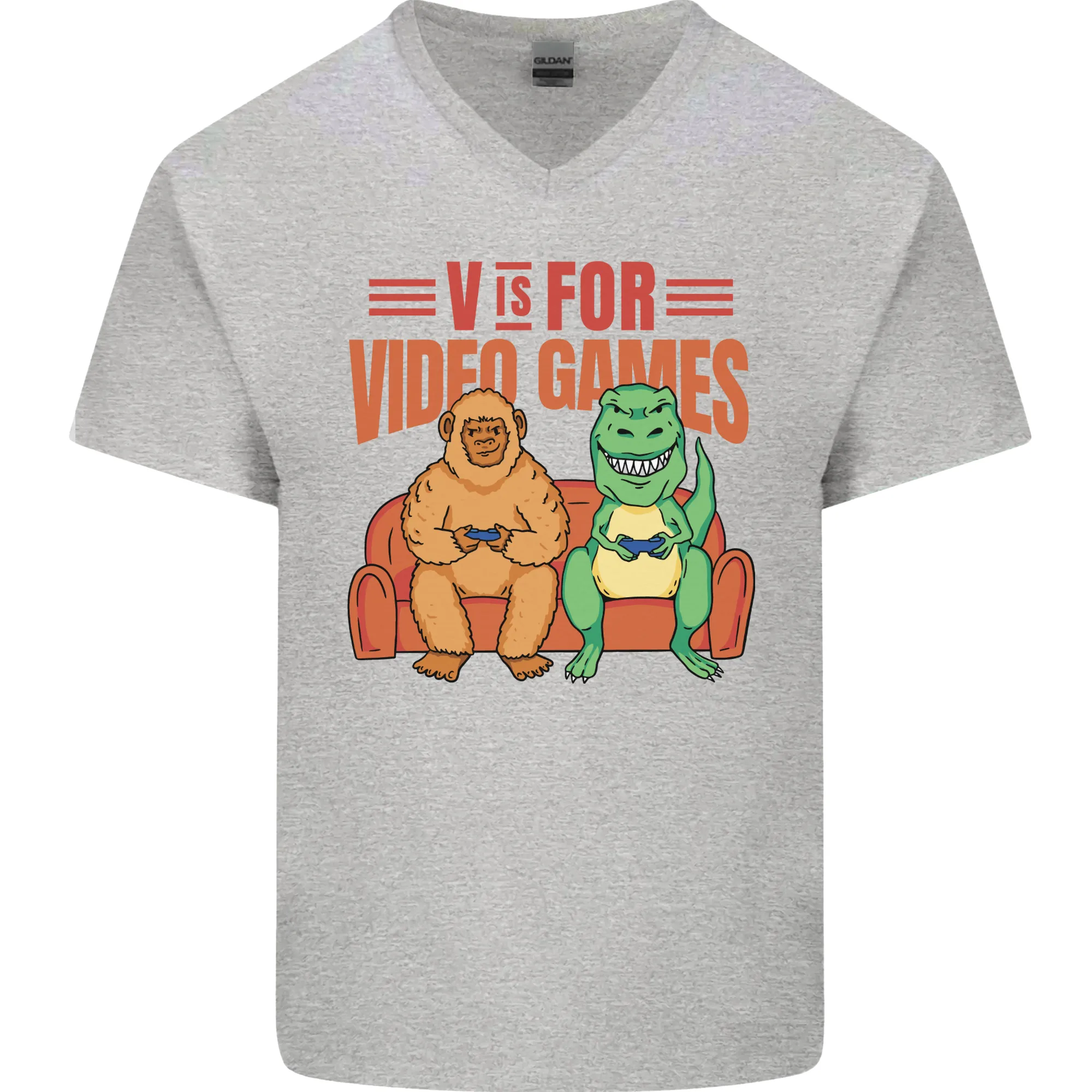 Video Games T-Rex Funny Bigfoot Dinosaur Mens V-Neck Cotton T-Shirt