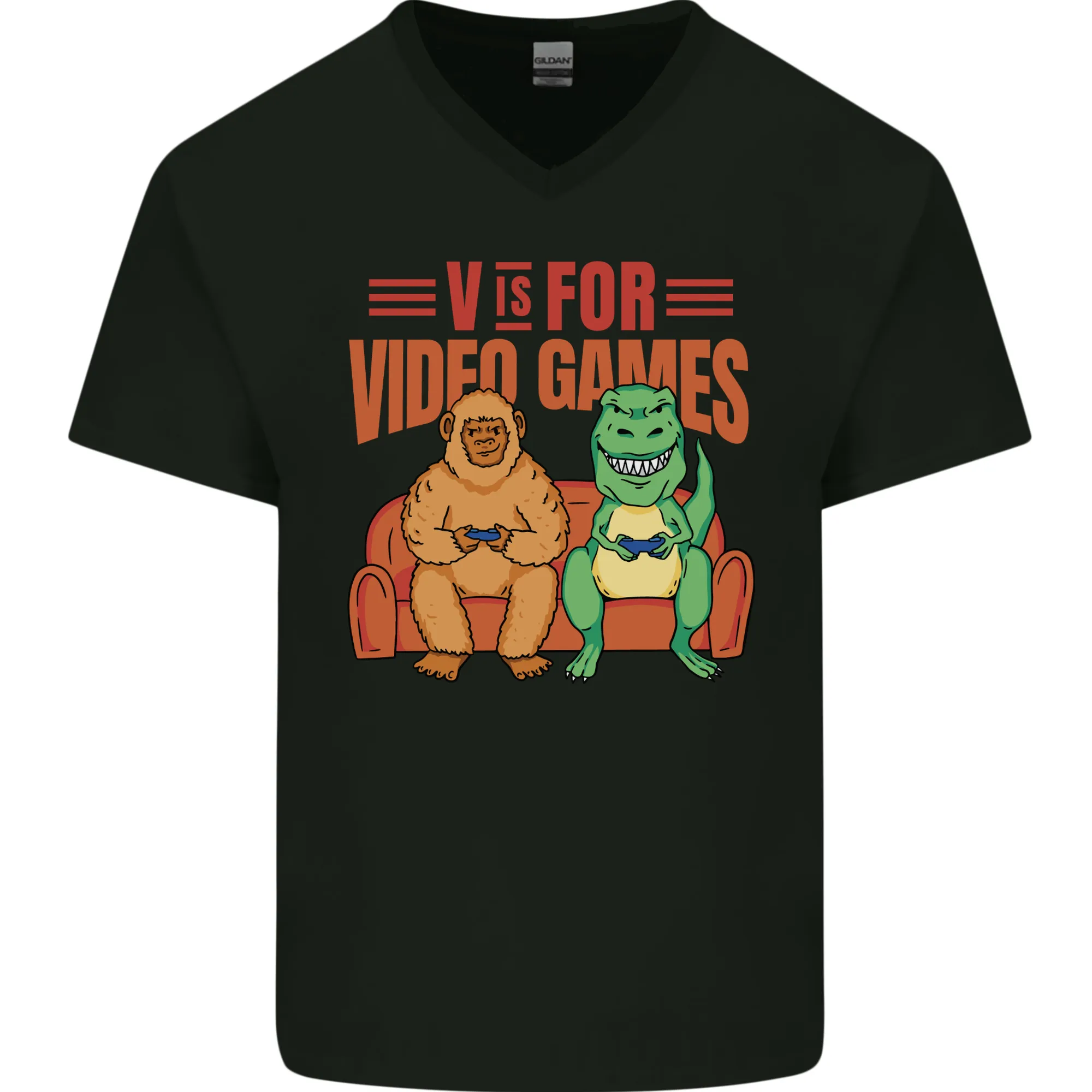 Video Games T-Rex Funny Bigfoot Dinosaur Mens V-Neck Cotton T-Shirt