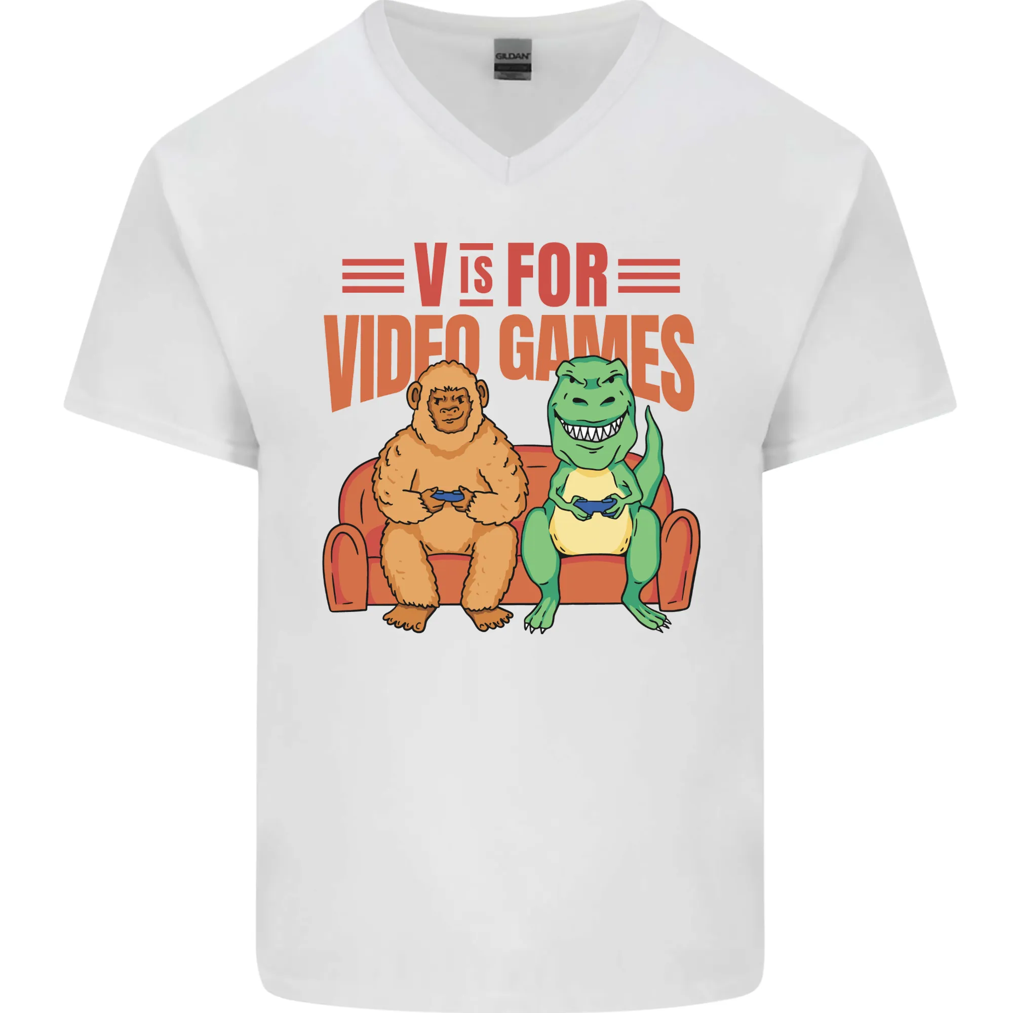 Video Games T-Rex Funny Bigfoot Dinosaur Mens V-Neck Cotton T-Shirt