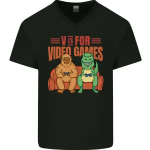 Video Games T-Rex Funny Bigfoot Dinosaur Mens V-Neck Cotton T-Shirt