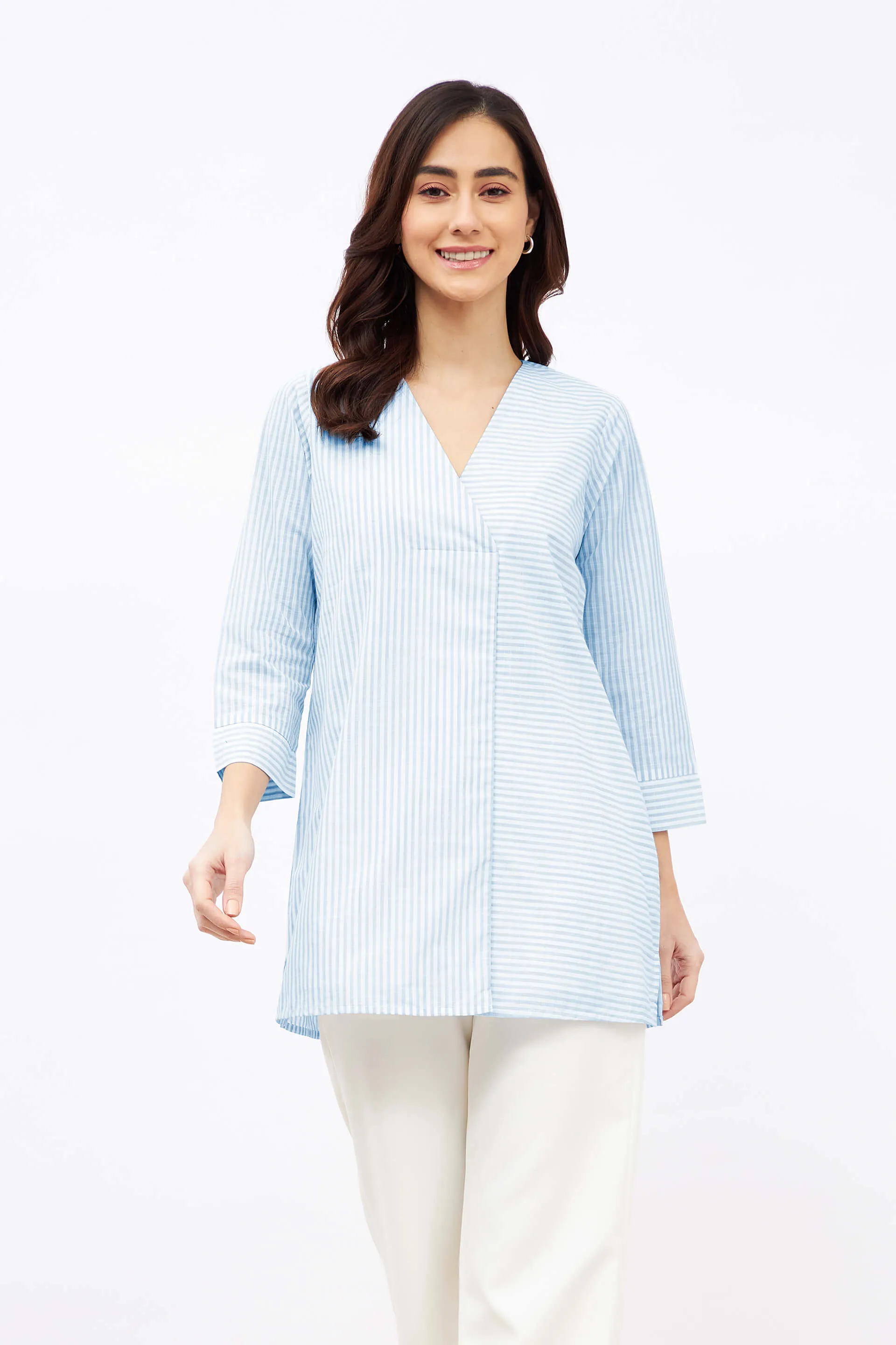 Windsurf V-Neck Stripe Placement Tunic - Blue & White