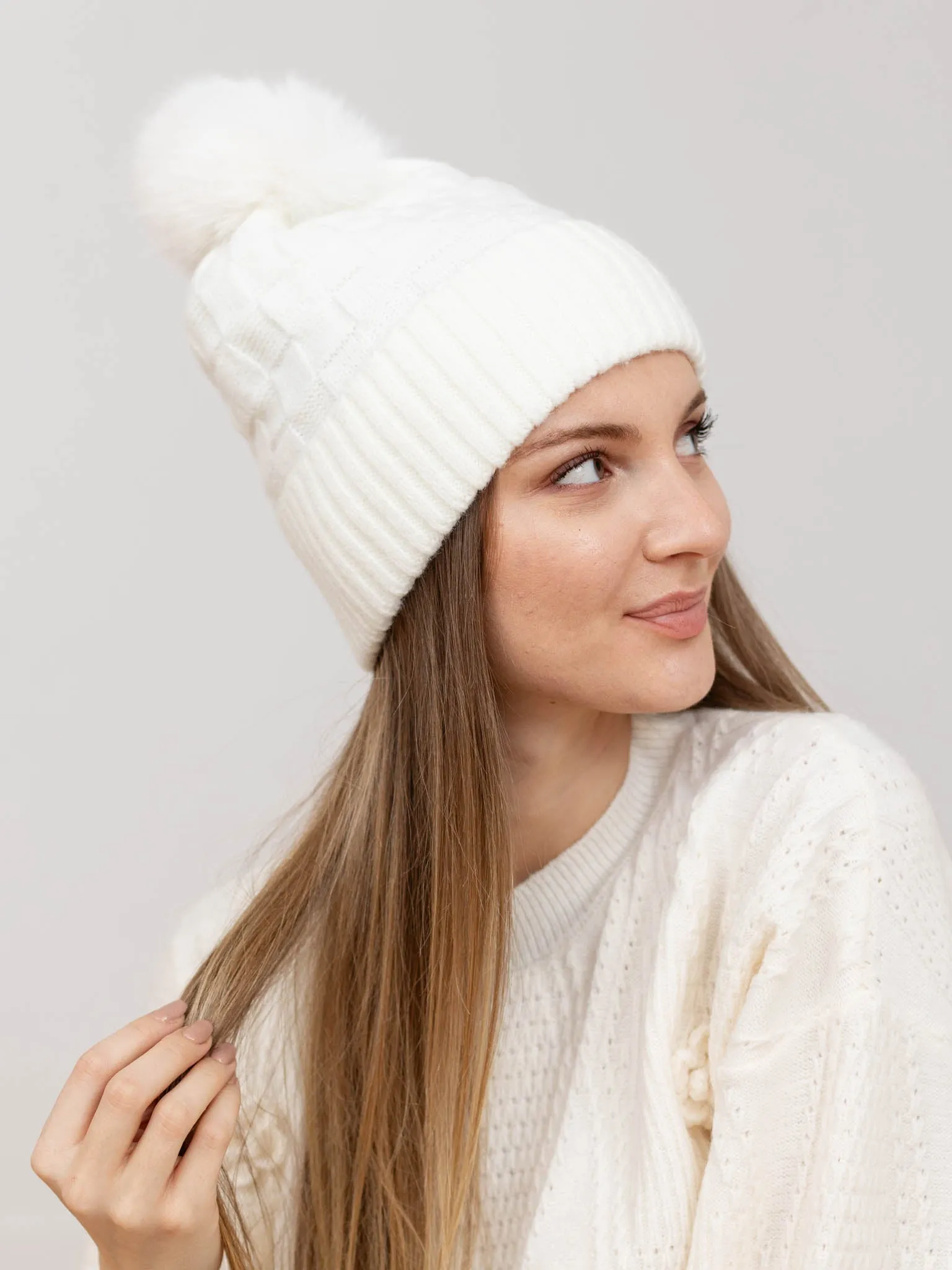 Woven Checkered Texture Pom Beanie