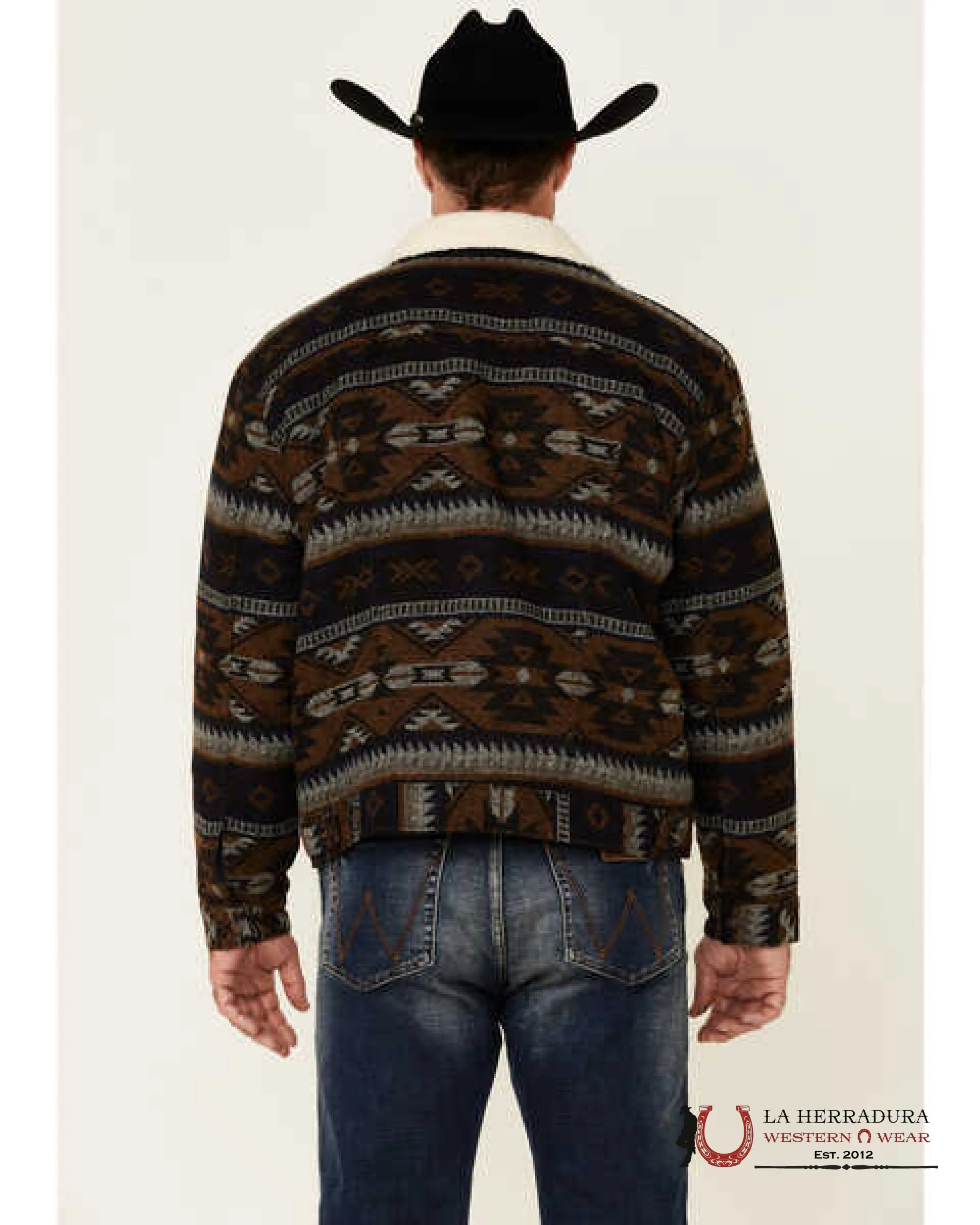 Wrangler Men's Brown Whiskey Jacquard Southwestern Print Button-Front Sherpa Jacket