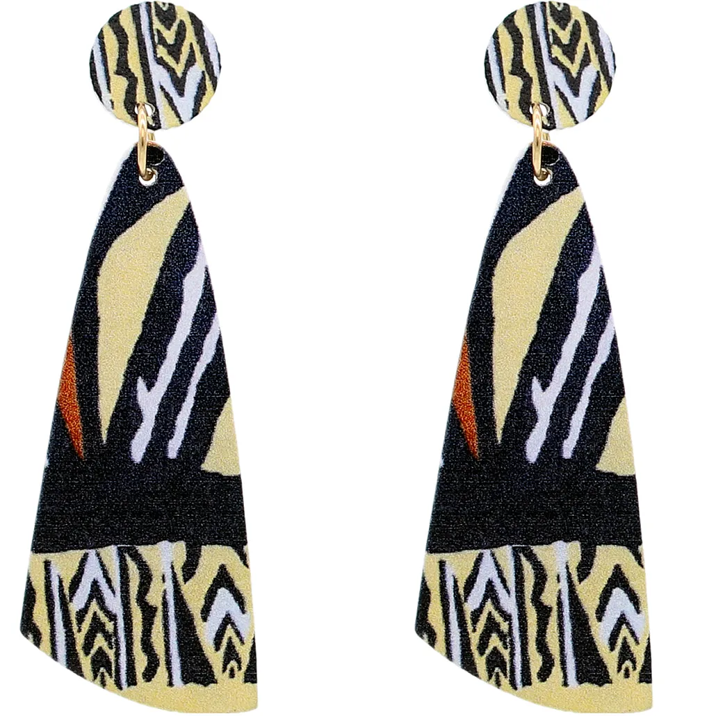 Yellow Striped Zigzag Wooden Earrings